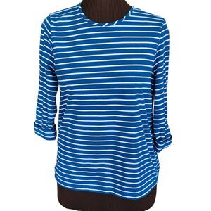American Sweetheart Pullover Top 3/4 Sleeves Blue White Stripe Knit Sz L